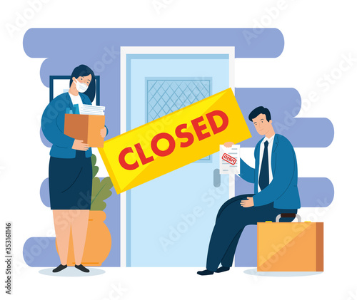 coronavirus, unemployment, jobless from covid 19, company closed and business shut down, business people, door closed company vector illustration design