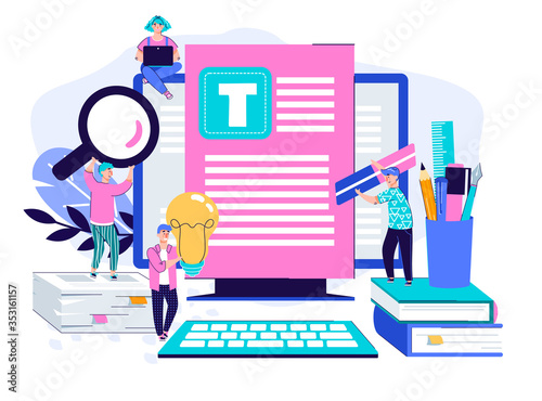 People at backdrop with document and computer flat vector illustration isolated.