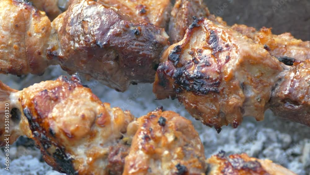 Barbecue is fried on the grill. Pork meat on skewers. Juicy slices of meat on fire. Cooking on a picnic in nature. Barbecue is fried on the grill. Pork meat on skewers. Juicy slices of meat on fire. Cooking on a picnic in nature.