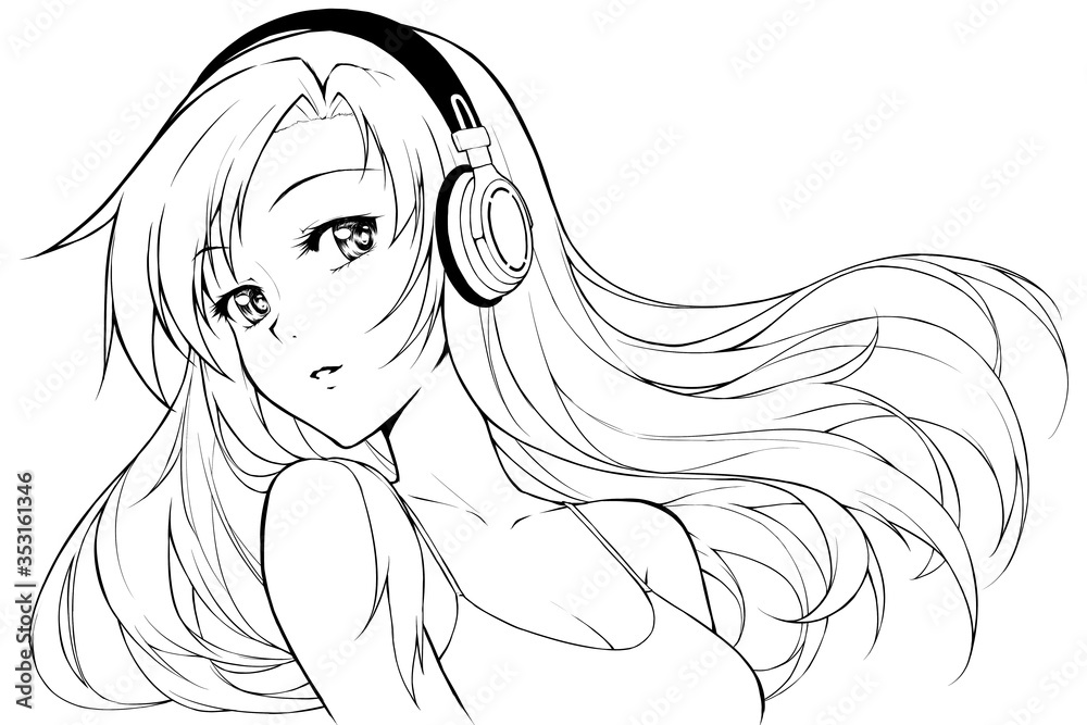 Fototapeta premium Beautiful anime girl in headphones listening to music