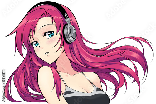 Beautiful red haired anime girl in headphones listening to music. Colored.