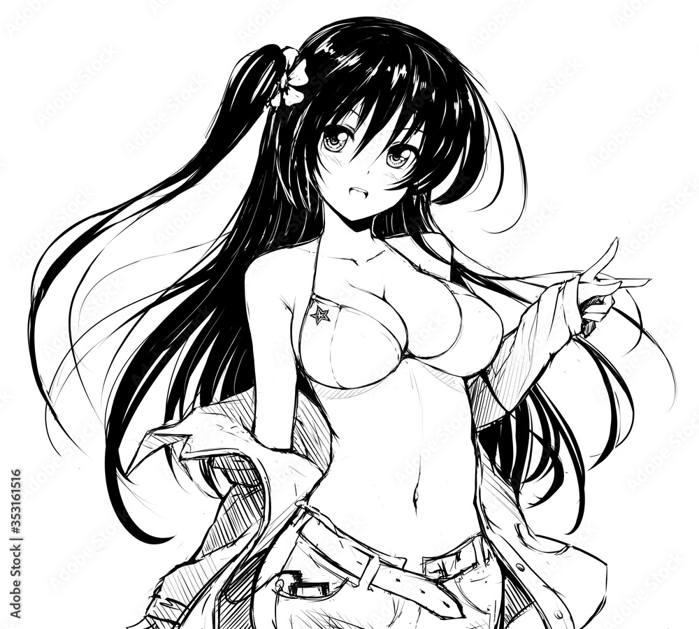 Fototapeta premium Cute long haired anime girl showing V sign