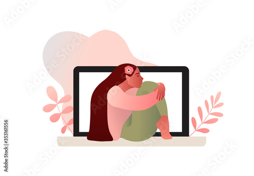 Sad lonely depressed girl sitting on the laptop. Young unhappy woman hugging her knees. Online psychotherapy. Cartoon character. Depressed teenager. Vector illustration in flat style