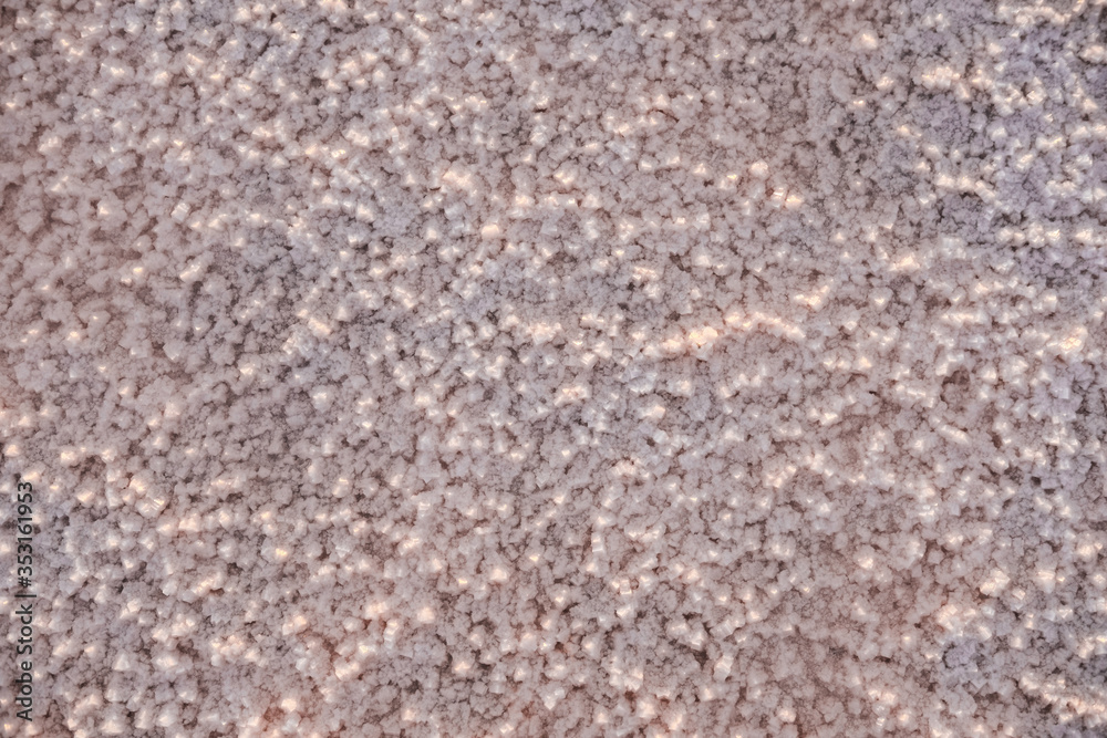 The surface of a pink salt lake covered with salt at sunset. Lovely soft pink texture. Close Up. The surface of a pink salt lake covered with salt at sunset. Lovely soft pink texture. Close Up.