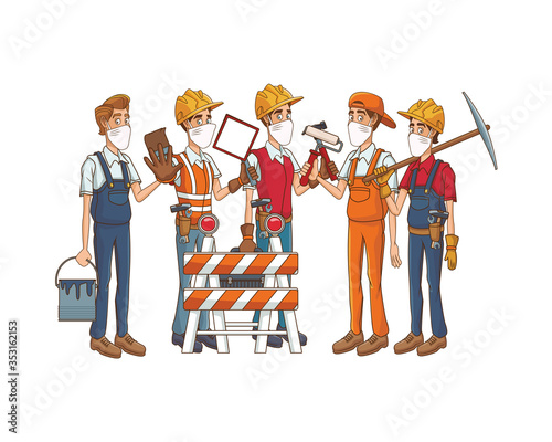 builders using medical masks and tools