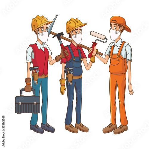 builders using medical masks and tools