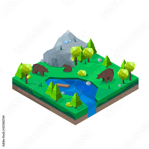 Vector illustration with brown bears. Isometric landscape. Wild animals in the forest.