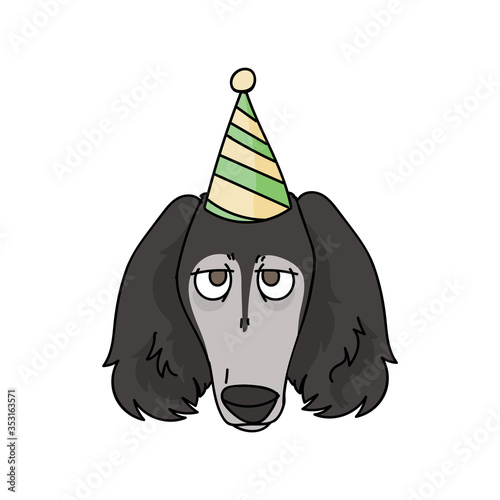Cute cartoon saluki dog face with party hat vector clipart. Pedigree kennel doggie breed for dog lovers. Purebred domestic for celebration illustration mascot. Isolated canine borzoi hound. EPS 10. 