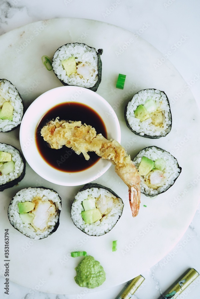 Homemade Shrimp tempura Sushi Roll ,pickled ginger,wasabi and soy sauce
