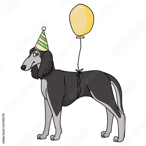 Cute cartoon saluki dog with party hat vector clipart. Pedigree kennel doggie breed for dog lovers. Purebred domestic for celebration illustration mascot. Isolated canine borzoi hound. EPS 10. 