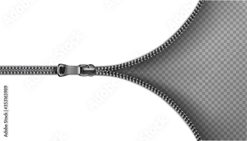3d realistic vector with open metal zipper in silver background banner. Isolated on white background.