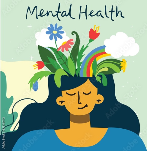 Young beautiful girl with flowers. Mental health illustration concept. Psychology visual interpretation of mental health.