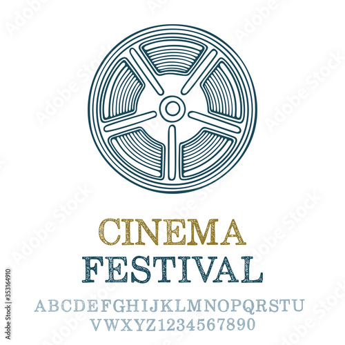 Film reel. Cinematographic emblem. Vintage film reel outline vector illustration. Part of set.