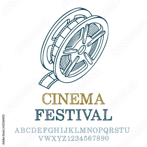 Film reel. Cinematographic emblem. Vintage film reel outline vector illustration. Part of set.