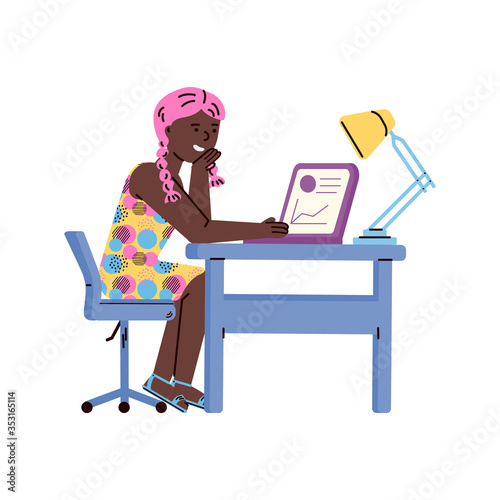 Girl character studying at home using computer flat vector illustration isolated.