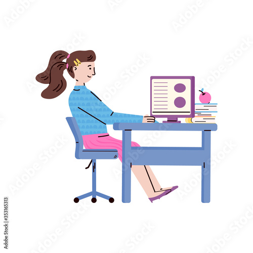 Cute girl sitting at table and studying, cartoon vector illustration isolated.