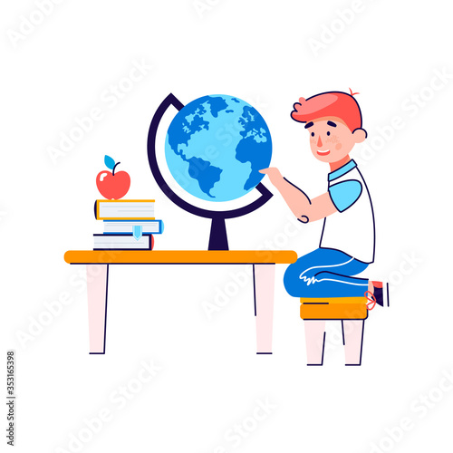Little boy sits at desk with books and globe flat vector illustration isolated.