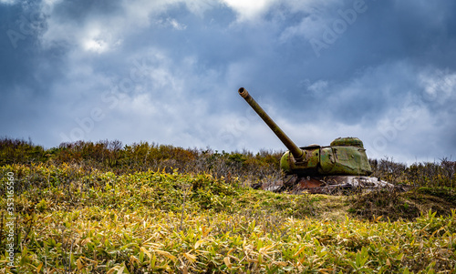 Soviet tank T-34 .. World War II. Karafuto. Coastline defense. Sakhalin photo