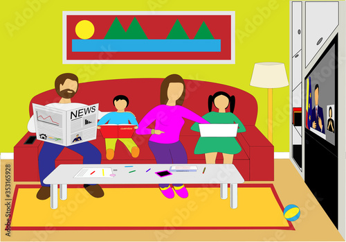 En familia viendo las noticias y haciendo las tareas con los niños