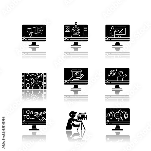 Videography drop shadow black glyph icons set. Web conference. Internet blogging. Nature documentary film. Concert streaming. TV commercial. Isolated vector illustrations on white space