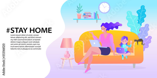 working from home, teaching and learning online, Remote work, performance of tasks sent by email or social media, Flat vector illustration, EPS10.