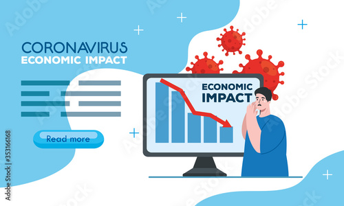 coronavirus 2019 ncov impact global economy, covid 19 virus make down economy, world economic impact covid 19, man and computer with down inforgraphic vector illustration design