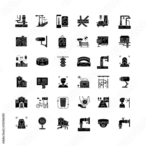 City infrastructure black glyph icons set on white space. Traffic control. Pipeline for resource. Electricity and water supply. Urban utility pipe. Silhouette symbols. Vector isolated illustration