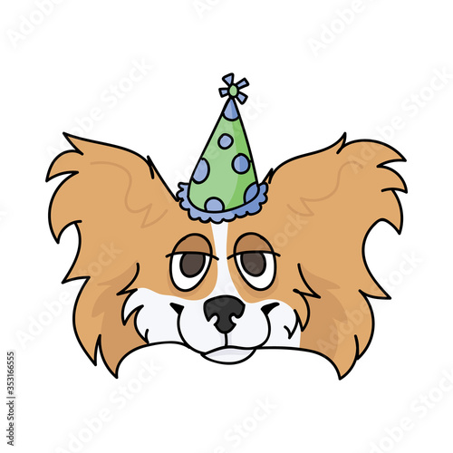 Cute cartoon papillon dog face with party hat vector clipart. Pedigree kennel doggie breed for dog lovers. Purebred domestic puppy for celebration illustration mascot. Isolated canine fluffy. EPS 10. 