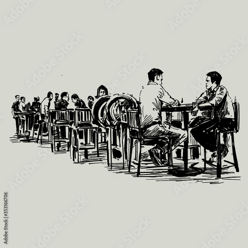 Drawing of people are sitting at restaurant show the social distances 