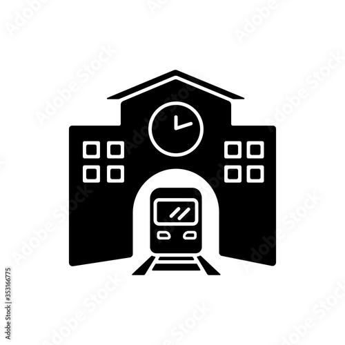 Railway station black glyph icon. Public transport platform. Express commuter departure. Urban infrastructure. Arrival to terminal. Silhouette symbol on white space. Vector isolated illustration