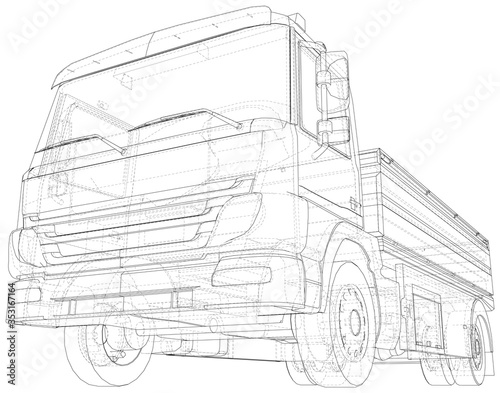 Flatbed truck vector illustration. Wire-frame line isolated. Vector rendering of 3d.
