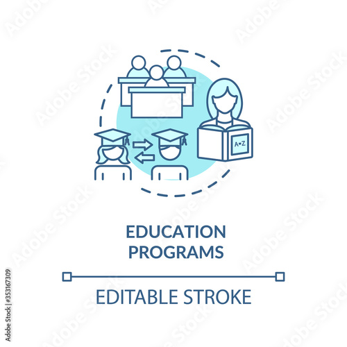Higher education programs concept icon. Learning process. Academic degree. University students exchange program idea thin line illustration. Vector isolated outline RGB color drawing. Editable stroke