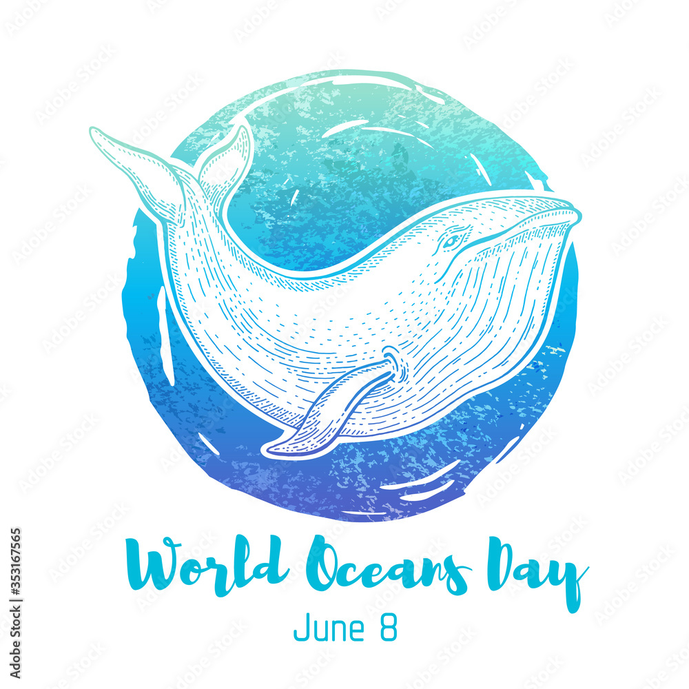 World Oceans Day graphics with blue whale and watercolor splash background.  Vector poster design to save sea, water animals. Abstract ocean concept  illustration with text isolated on white. Nature art Stock Vector |