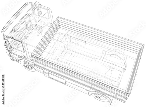 Flatbed truck illustration vector. Wire-frame line isolated. Vector rendering of 3d.