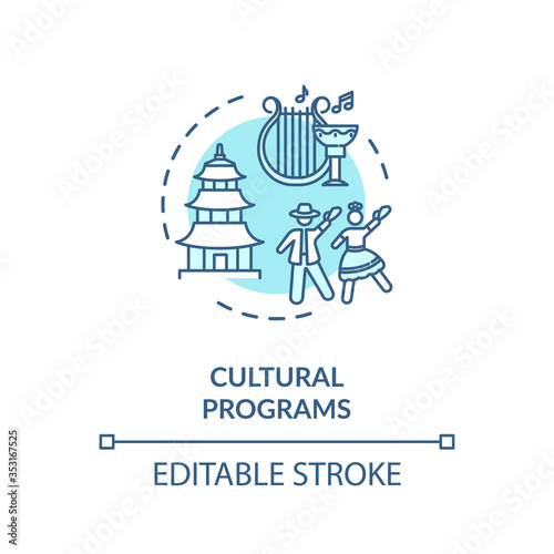 Cultural programs concept icon. Multinational society. Ethnic holidays celebration. Multicultural activity idea thin line illustration. Vector isolated outline RGB color drawing. Editable stroke