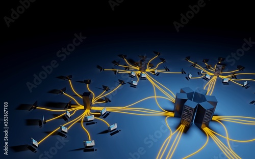 Cloud computing, network infrastructure. Computer workstations connected to data center. Digital 3D render concept.
