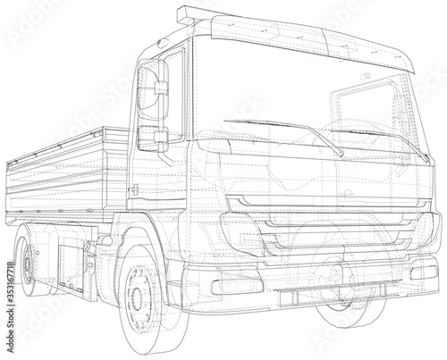 Flatbed truck illustration vector. Wire-frame line isolated. Vector rendering of 3d.