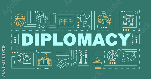 International diplomacy word concepts banner. Global cooperation. Political peace. Infographics with linear icons on green background. Isolated typography. Vector outline RGB color illustration