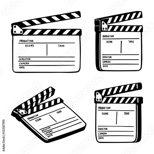 Movie clapperboard. Opened movie film clapper board hand drawn vector illustrations collection. Part of set. 