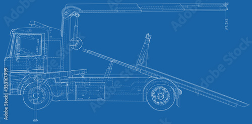 Tow truck vector. Isolated Wire-frame of breakdown lorry. Wire-frame line isolated. Vector rendering of 3d.