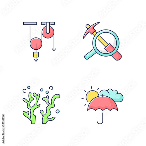 Physical and life sciences RGB color icons set. Formal and natural scientific fields. Physics, geology, oceanology and meteorology. Isolated vector illustrations