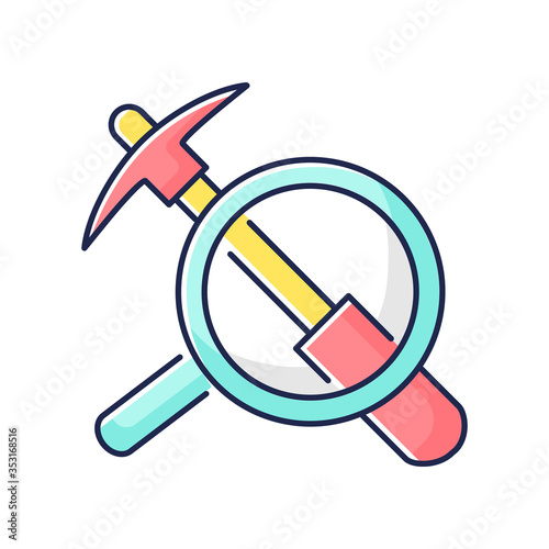 Geology RGB color icon. Earth science, natural discipline. Study of environment and soil structure. Geological equipment, work tools Isolated vector illustration