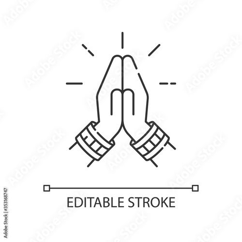 Namaste pixel perfect linear icon. Hindu greeting. Hands pressed together. Anjali Mudra. Thin line customizable illustration. Contour symbol. Vector isolated outline drawing. Editable stroke
