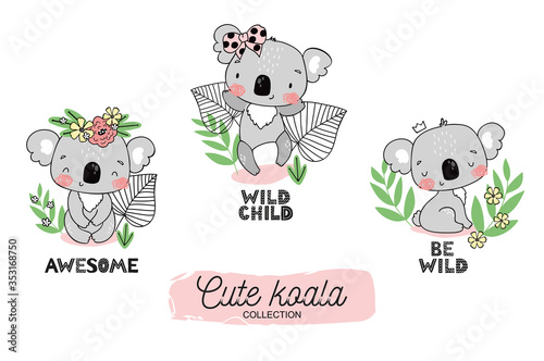 Cartoon baby koala cute jungle animal character collection. With blossom and crown on the head and sitting among leaves. Hand drawn tee design illustration.