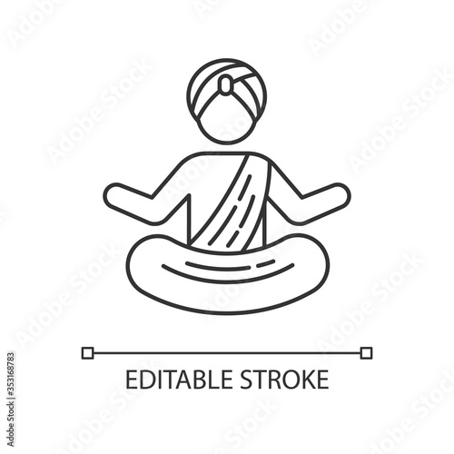 Yogi in turban pixel perfect linear icon. Practitioner of yoga. Meditating Indian monk. Thin line customizable illustration. Contour symbol. Vector isolated outline drawing. Editable stroke