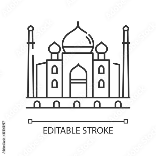 Taj Mahal pixel perfect linear icon. Marble mausoleum. Historical monument. Mughal architecture. Thin line customizable illustration. Contour symbol. Vector isolated outline drawing. Editable stroke photo