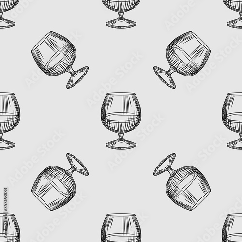 Hand drawn snifter glass seamless pattern. Glass of brandy or cognac wallpaper.