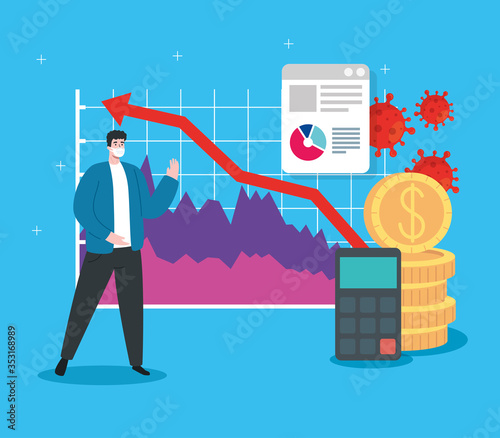 global financial recovery of market after covid 19, man with business graphic and financial icons vector illustration design