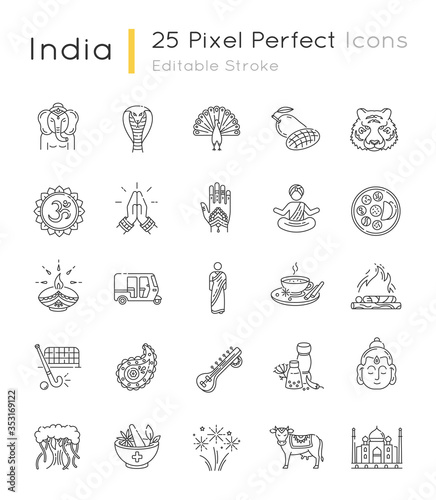 Indian culture pixel perfect linear icons set. National animals. Religious and spiritual symbols. Customizable thin line contour symbols. Isolated vector outline illustrations. Editable stroke