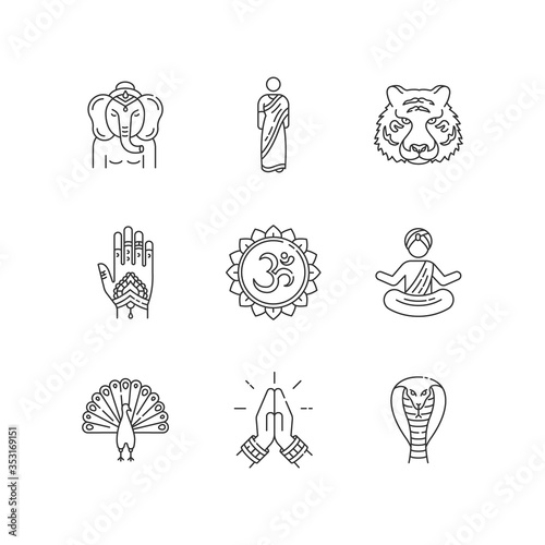 Indian spiritual symbols pixel perfect linear icons set. Om sound. Yoga. Namaste gesture. Lord Ganesha. Customizable thin line contour symbols. Isolated vector outline illustrations. Editable stroke photo